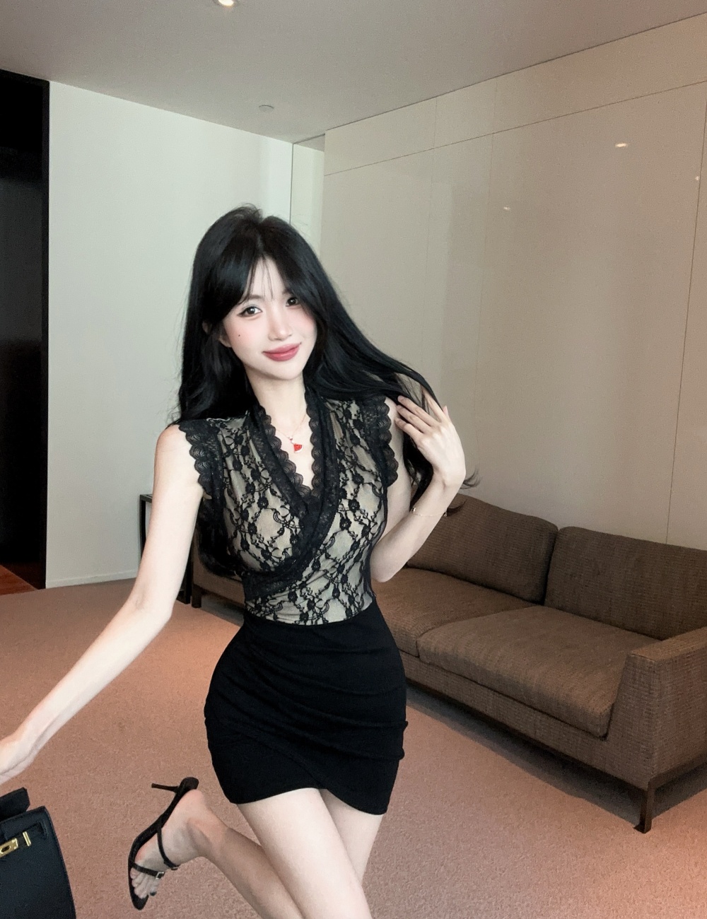 Splice mixed colors bottoming package hip short sleeve dress