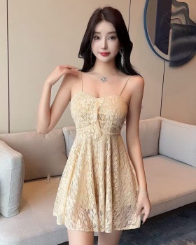 Big skirt splice tassels strap dress low-cut lace dress