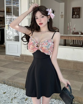 Mixed colors flowers low-cut sling splice bottoming dress