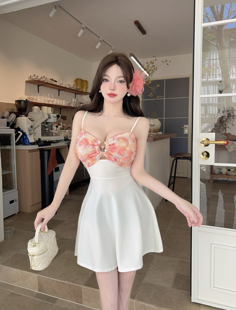 Mixed colors flowers low-cut sling splice bottoming dress