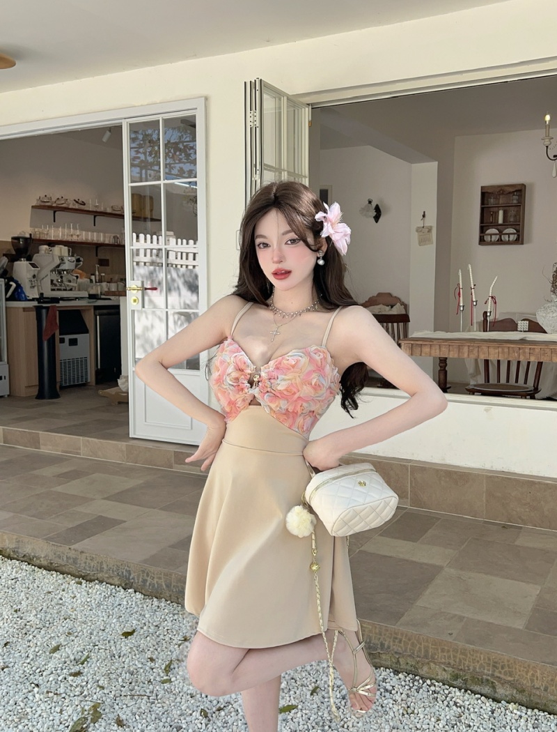 Mixed colors flowers low-cut sling splice bottoming dress