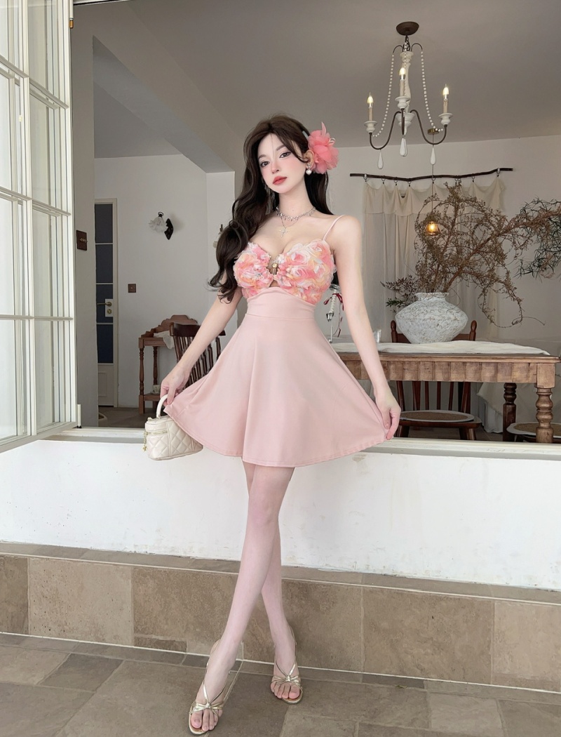 Mixed colors flowers low-cut sling splice bottoming dress