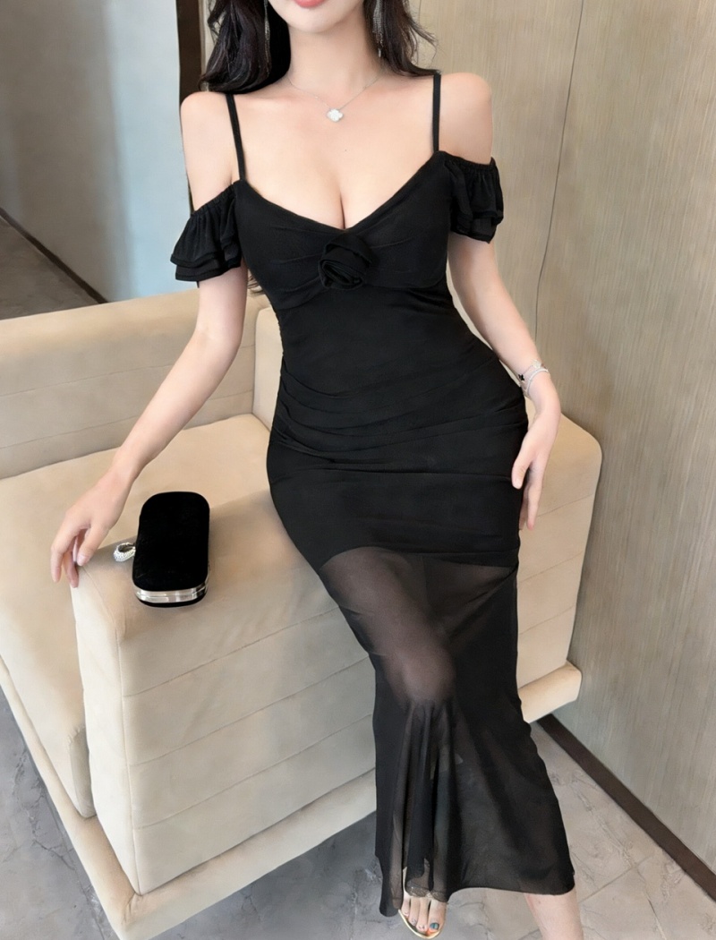 Bottoming sling long sexy mixed colors gauze dress