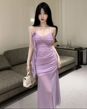 Sling long sexy bottoming gauze low-cut hollow dress