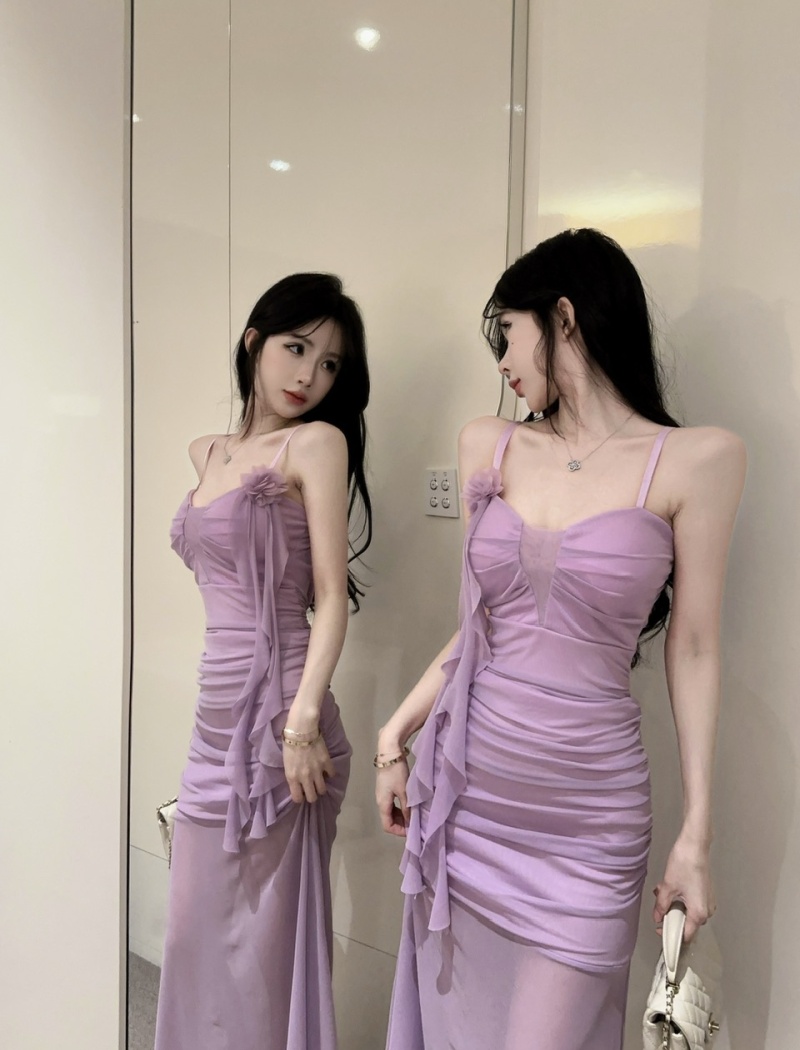Sling long sexy bottoming gauze low-cut hollow dress