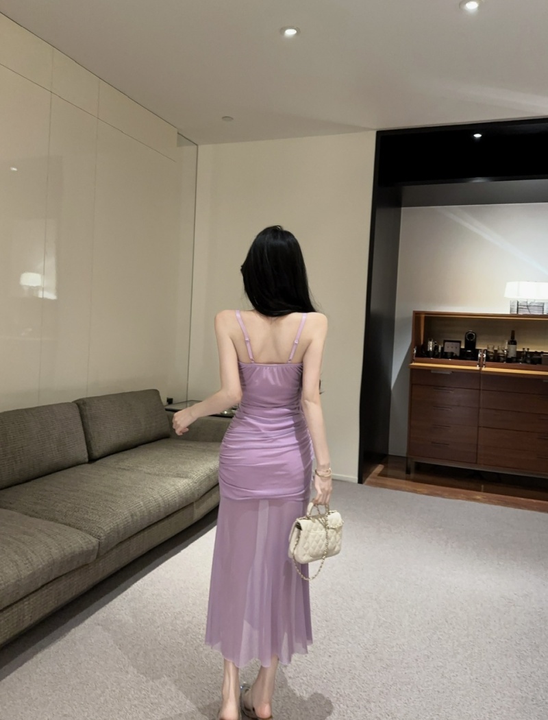 Sling long sexy bottoming gauze low-cut hollow dress