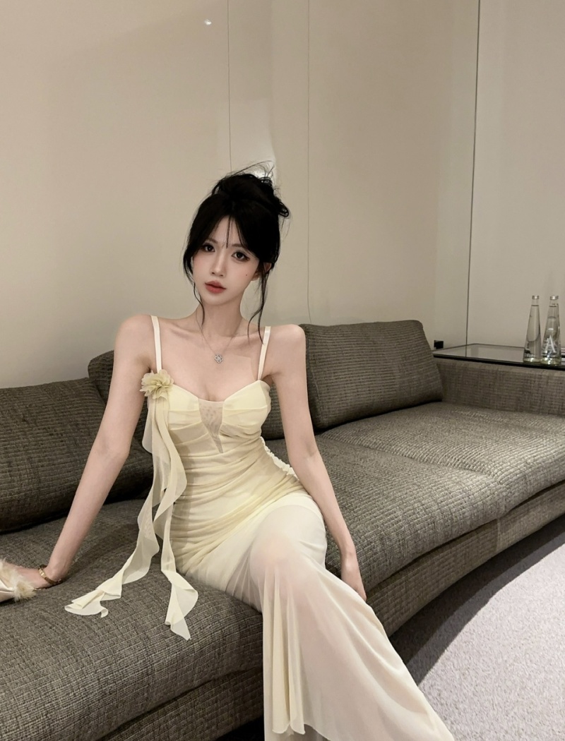 Sling long sexy bottoming gauze low-cut hollow dress