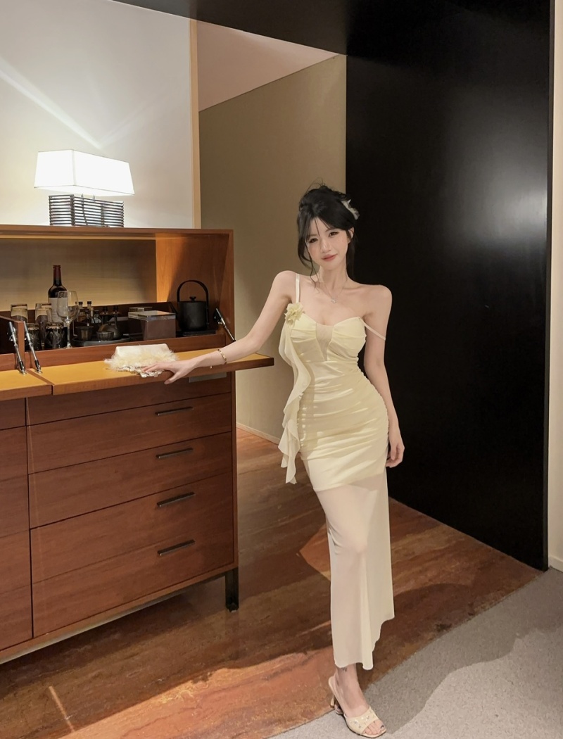 Sling long sexy bottoming gauze low-cut hollow dress