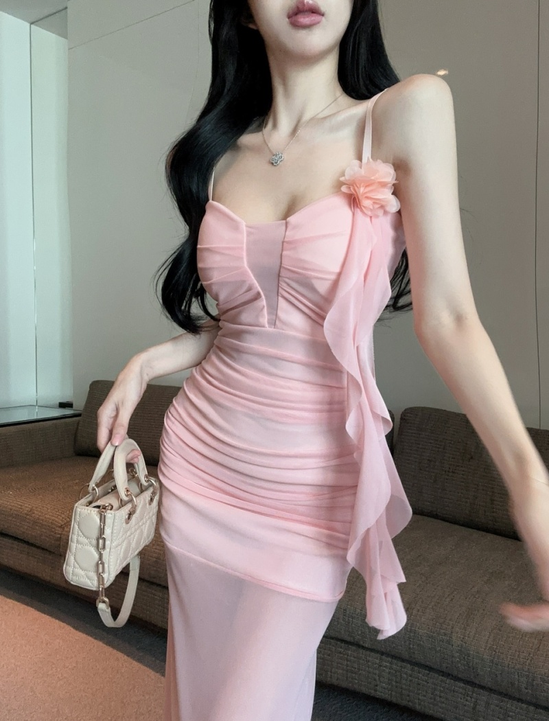 Sling long sexy bottoming gauze low-cut hollow dress