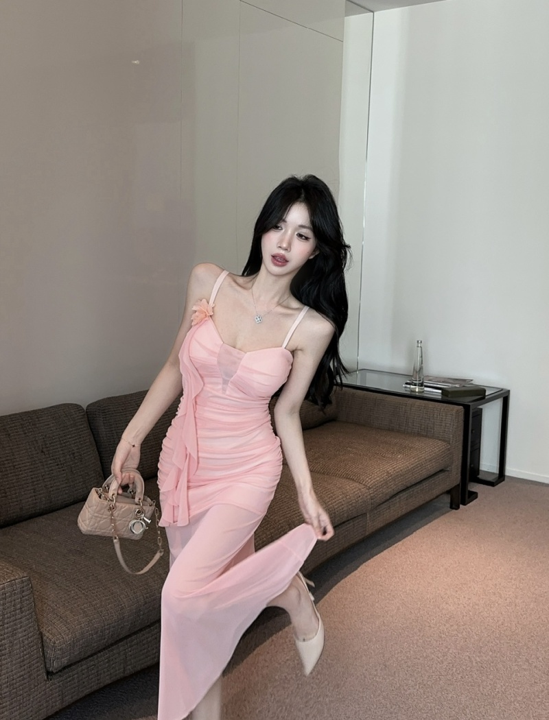 Sling long sexy bottoming gauze low-cut hollow dress