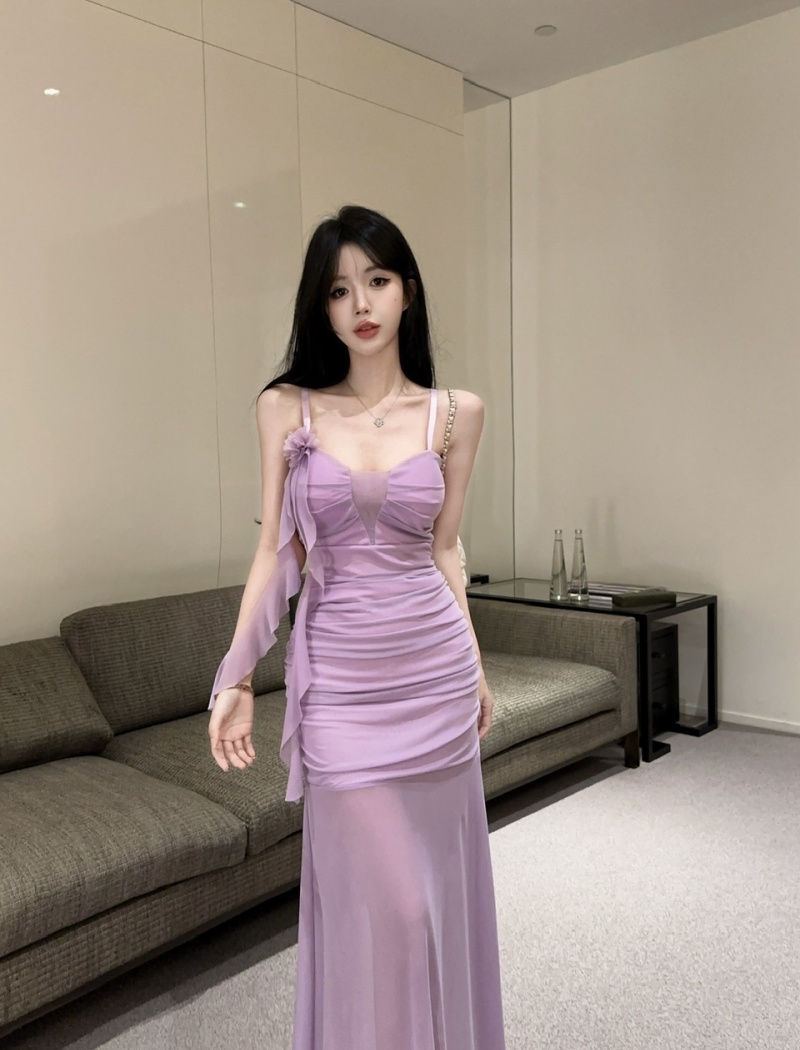 Sling long sexy bottoming gauze low-cut hollow dress