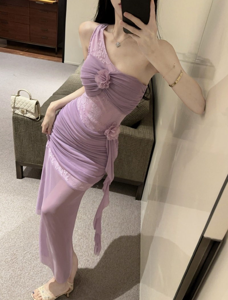 Sexy bottoming gauze shoulder low-cut hollow long dress