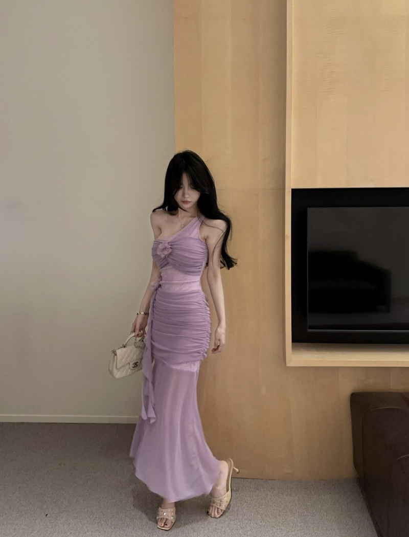 Sexy bottoming gauze shoulder low-cut hollow long dress