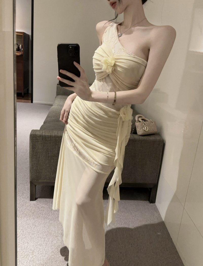 Sexy bottoming gauze shoulder low-cut hollow long dress