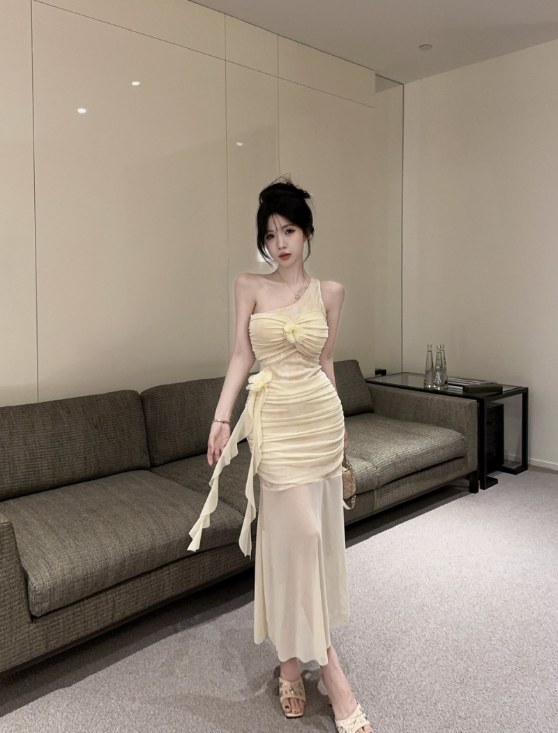 Sexy bottoming gauze shoulder low-cut hollow long dress