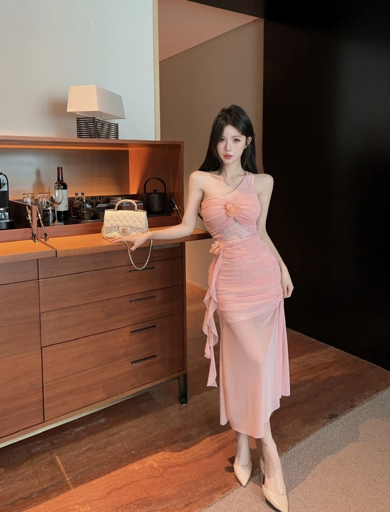 Sexy bottoming gauze shoulder low-cut hollow long dress