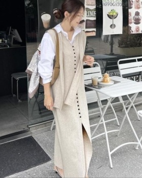 V-neck split long dress knitted dress a set