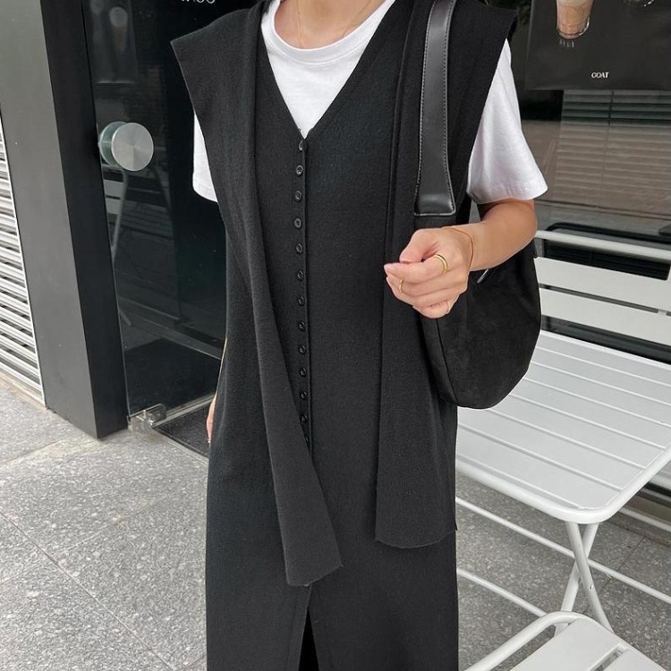 V-neck split long dress knitted dress a set