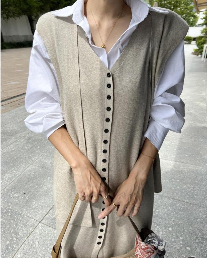 V-neck split long dress knitted dress a set