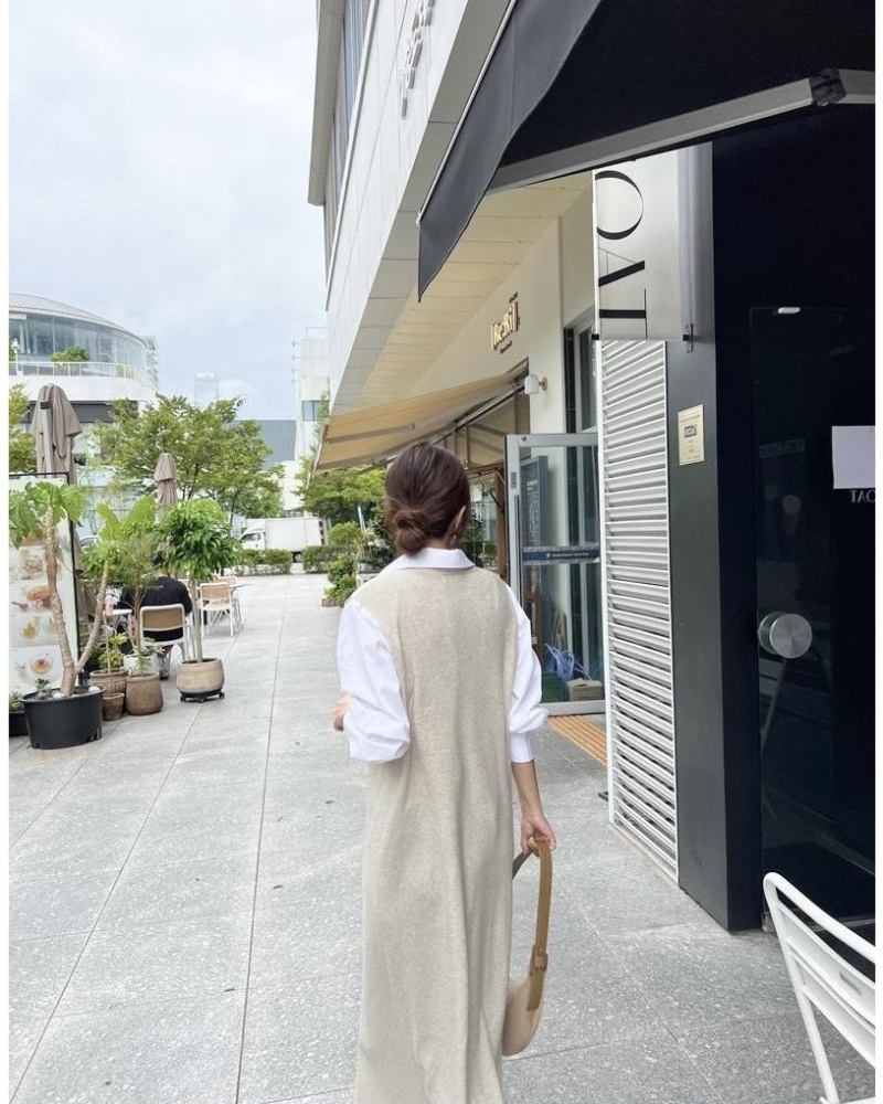 V-neck split long dress knitted dress a set