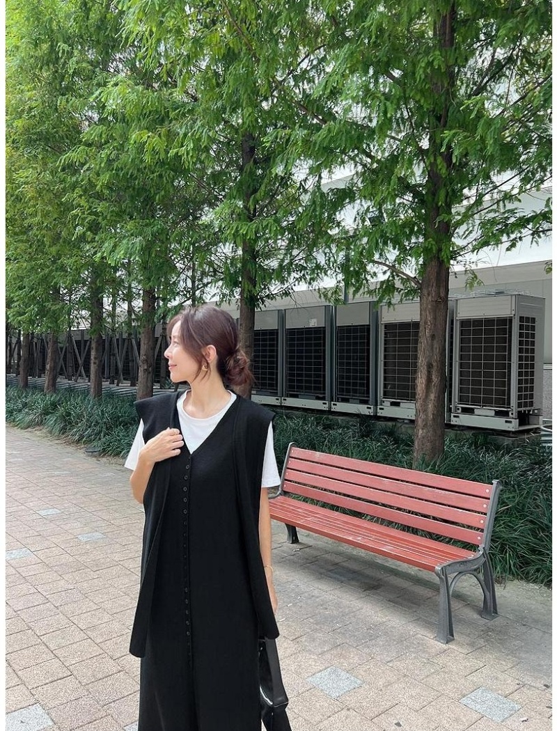 V-neck split long dress knitted dress a set