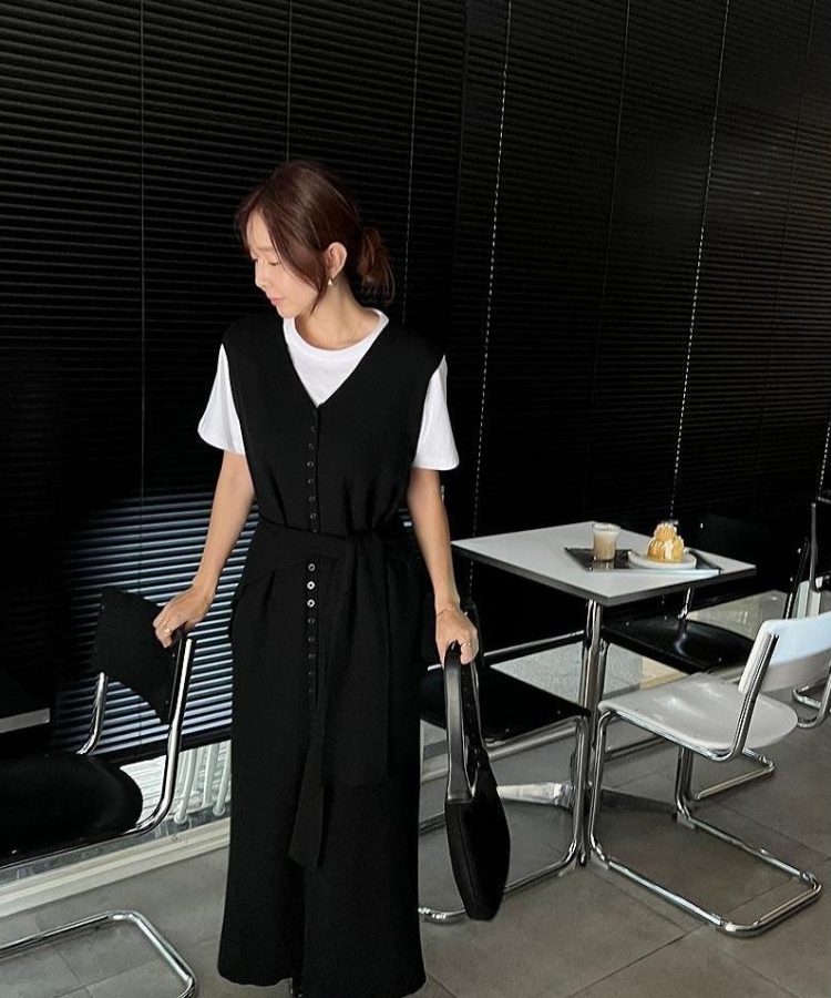 V-neck split long dress knitted dress a set