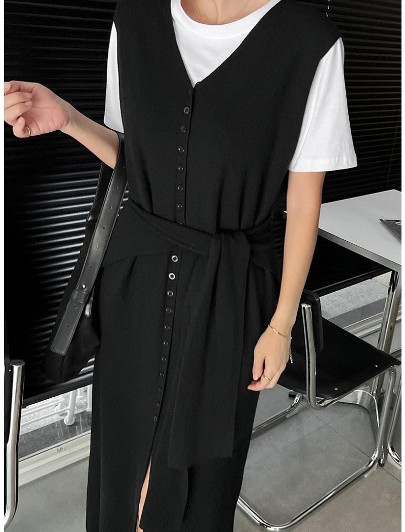 V-neck split long dress knitted dress a set