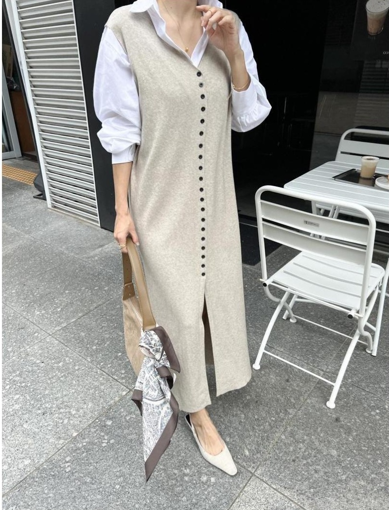 V-neck split long dress knitted dress a set