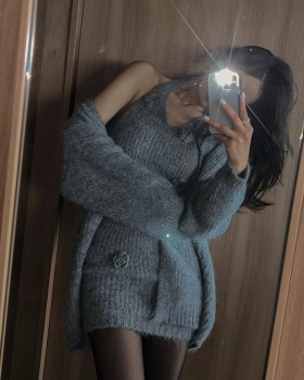 Knitted halter loose dress sweet V-neck cardigan 3pcs set