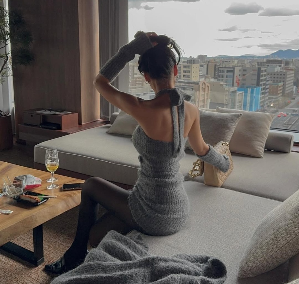 Knitted halter loose dress sweet V-neck cardigan 3pcs set