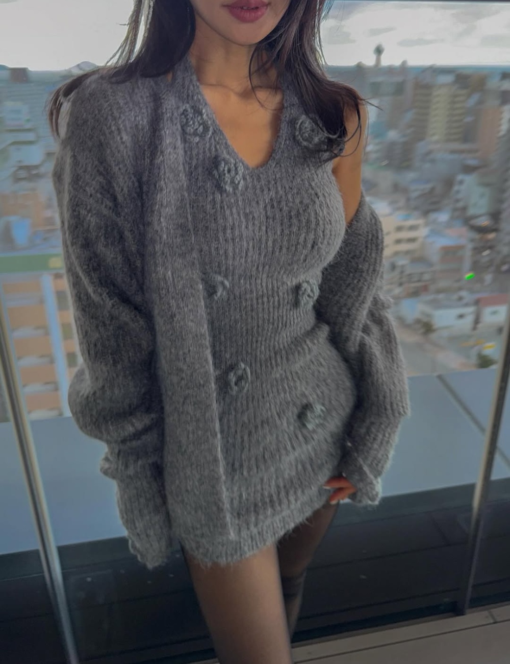 Knitted halter loose dress sweet V-neck cardigan 3pcs set