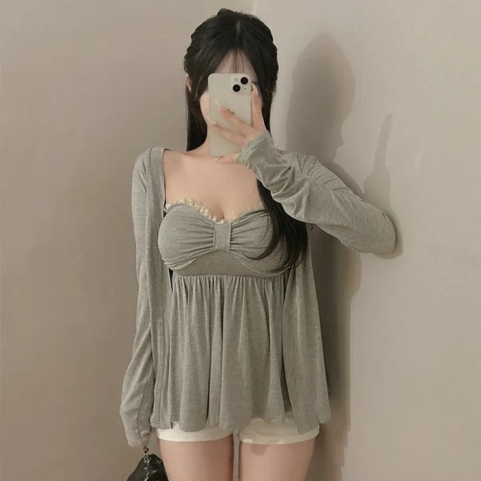 Wrapped chest sweet cardigan lace vest 2pcs set