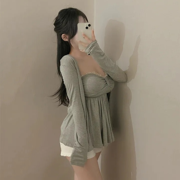 Wrapped chest sweet cardigan lace vest 2pcs set