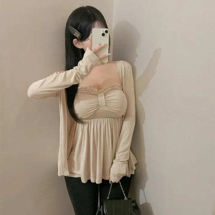 Wrapped chest sweet cardigan lace vest 2pcs set
