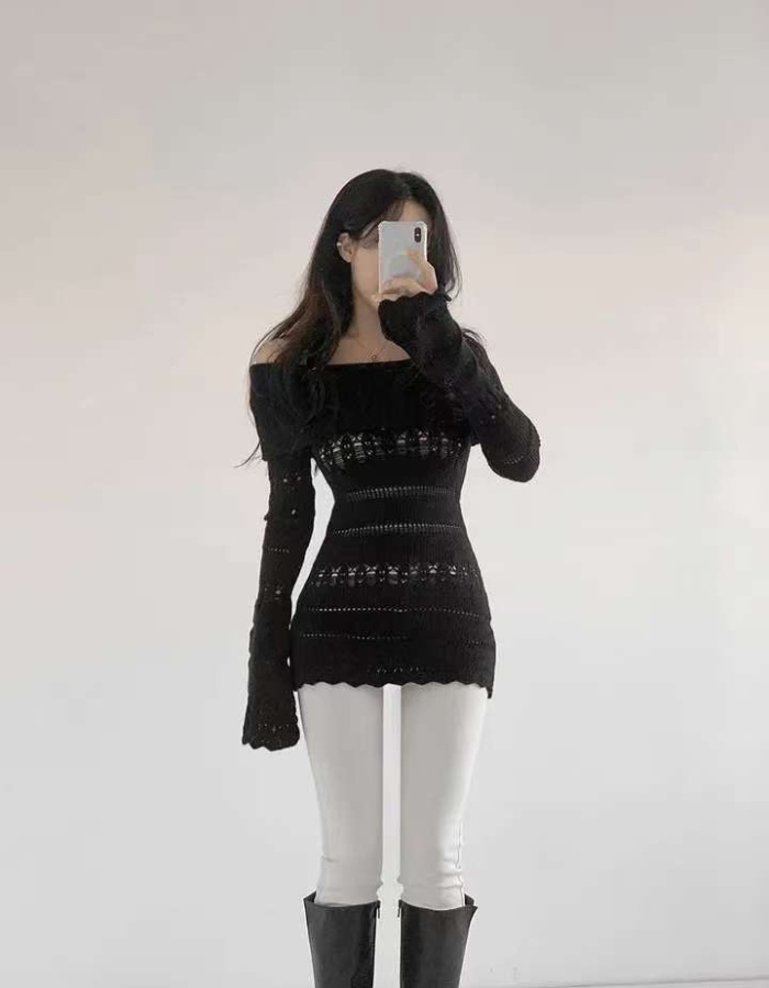 All-match flat shoulder sweater spring slim tops for women