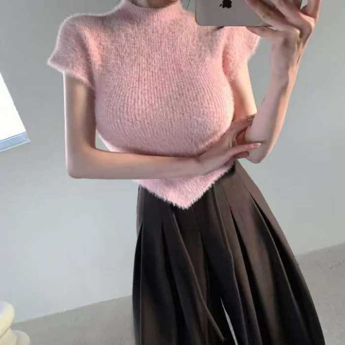 Spring all-match short sleeve knitted personality tops