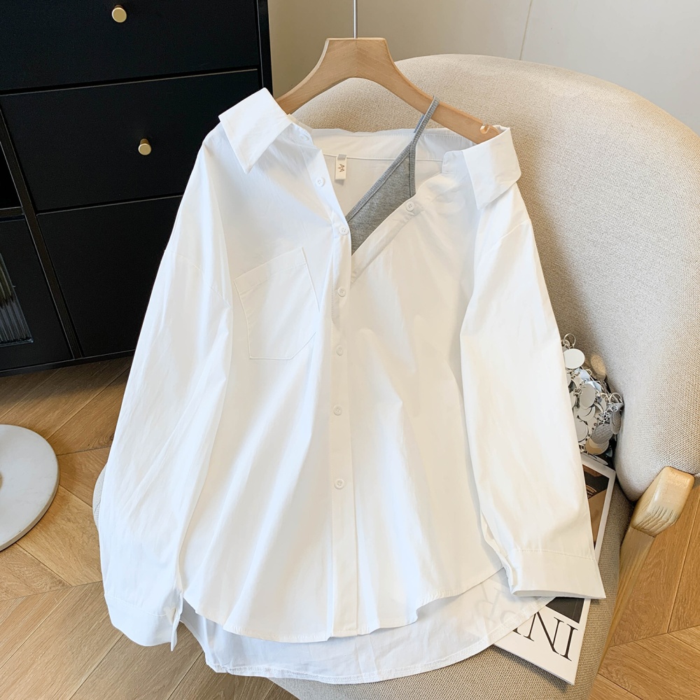 Strapless long sleeve spring shirt sling Pseudo-two tops
