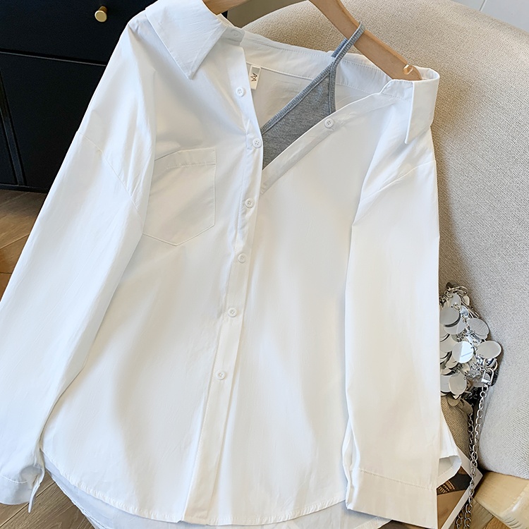 Strapless long sleeve spring shirt sling Pseudo-two tops