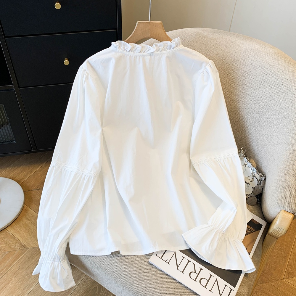 White loose V-neck shirt trumpet sleeves France style tops