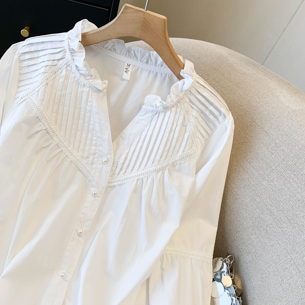 White loose V-neck shirt trumpet sleeves France style tops