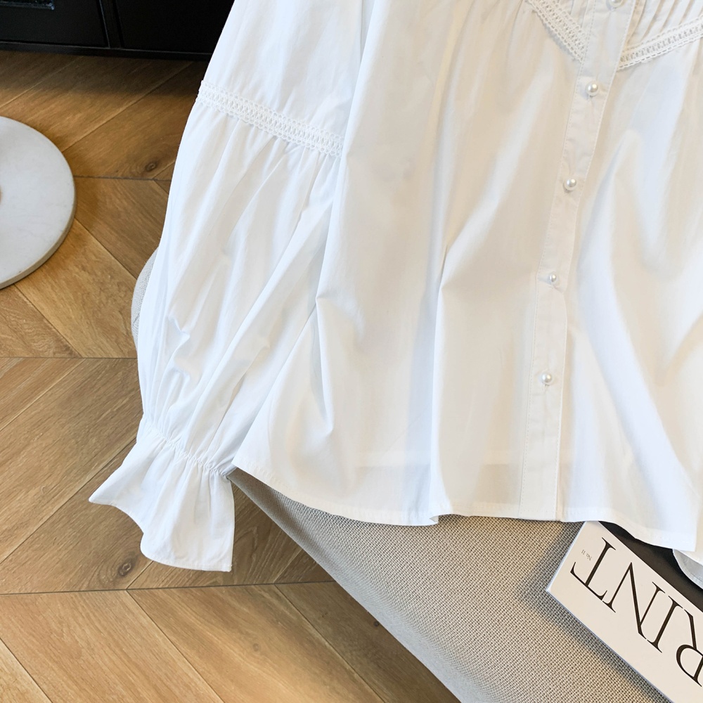 White loose V-neck shirt trumpet sleeves France style tops