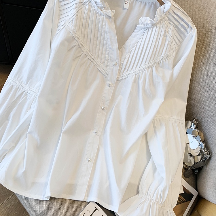 White loose V-neck shirt trumpet sleeves France style tops