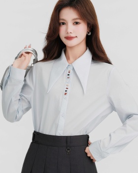 Commuting loose pure cotton blue breasted shirt for women