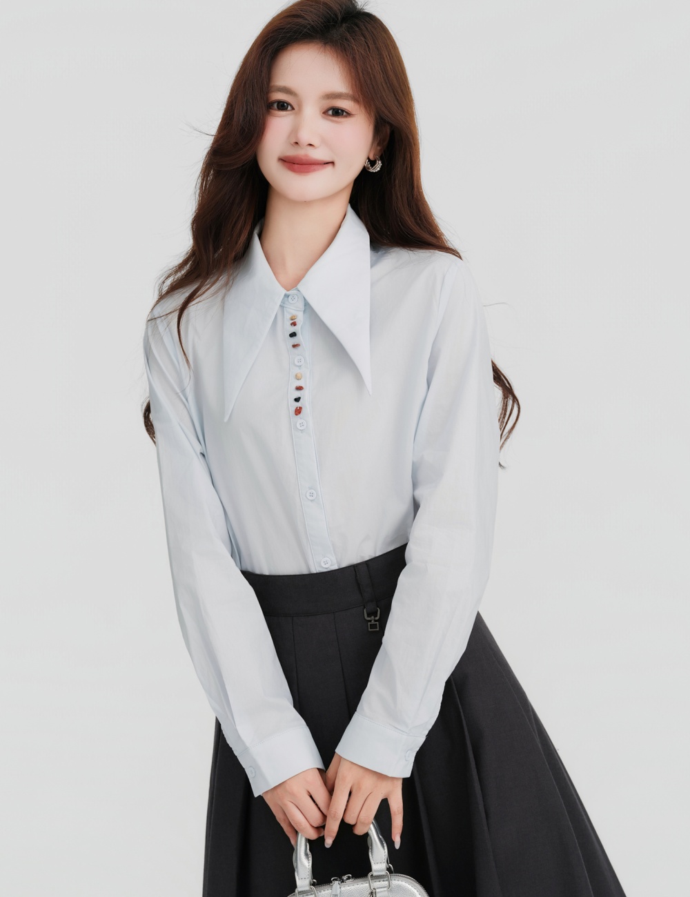 Commuting loose pure cotton blue breasted shirt for women