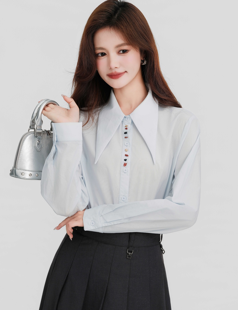 Commuting loose pure cotton blue breasted shirt for women