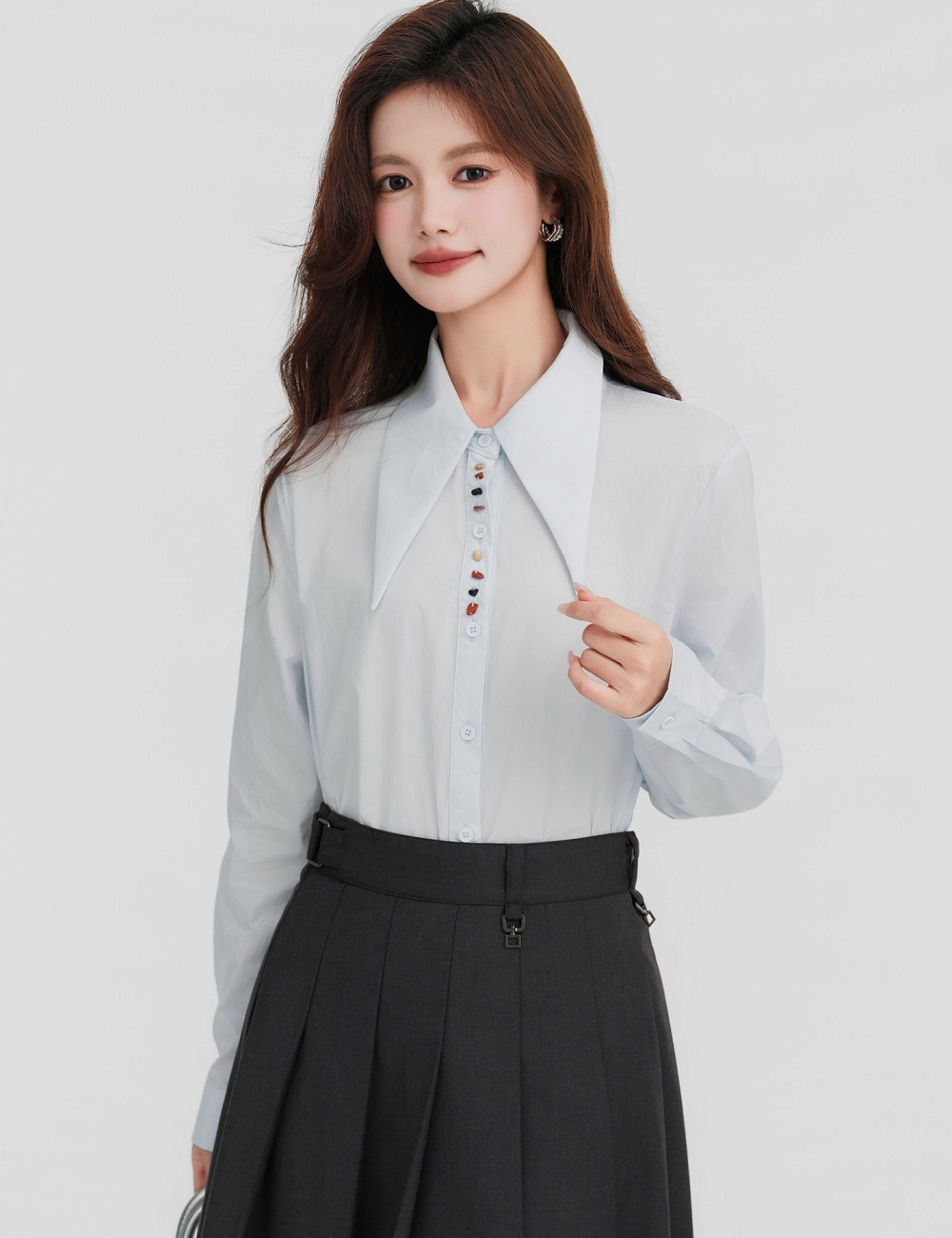 Commuting loose pure cotton blue breasted shirt for women