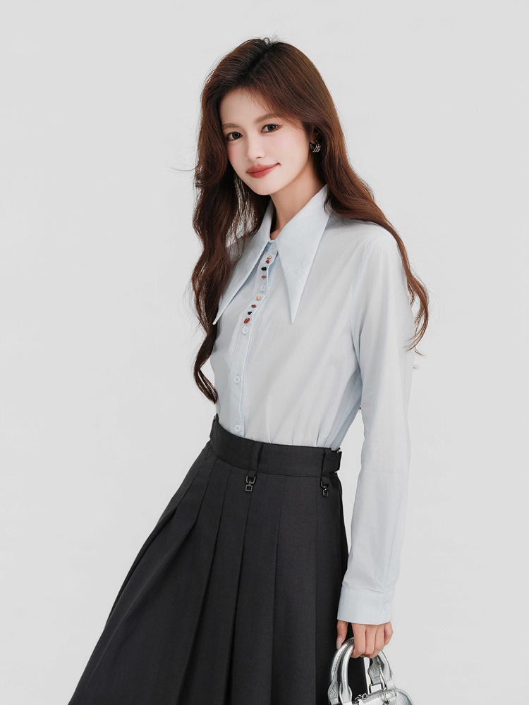 Commuting loose pure cotton blue breasted shirt for women