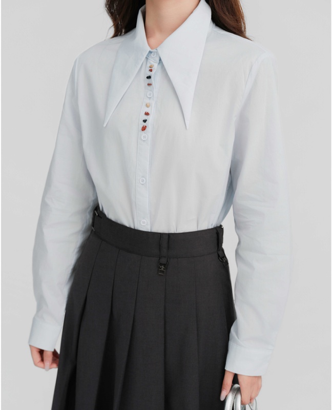 Commuting loose pure cotton blue breasted shirt for women