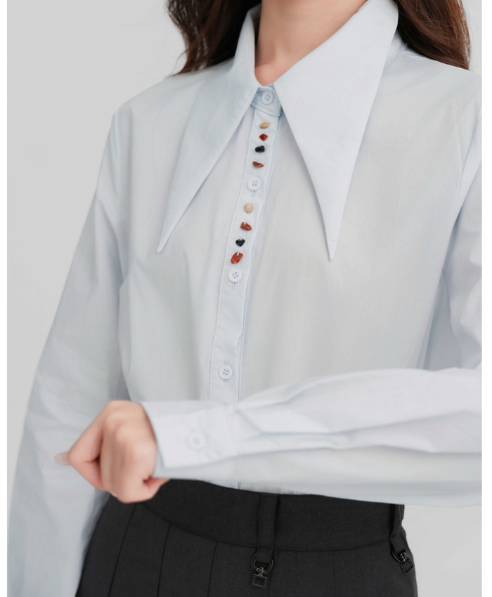 Commuting loose pure cotton blue breasted shirt for women