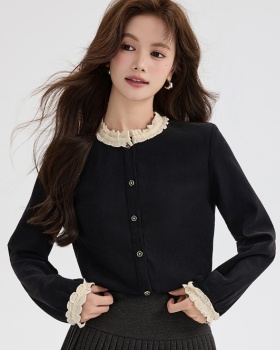 Lace round neck shirt black tops for women